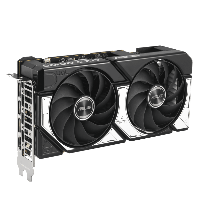 نمای جانبی کارت گرافیک ASUS Dual RTX 5060 با طراحی دو‌فن